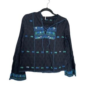 Free People Black Tunic with Blue & Green Embroidery